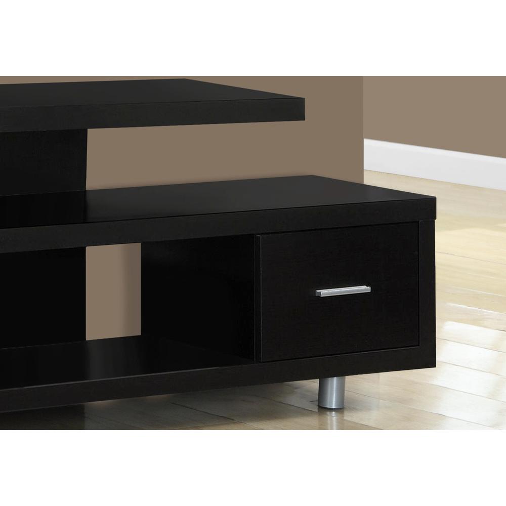 15.75" x 60" x 24" Cappuccino Silver Particle Board Hollow Core Metal TV Stand with a Drawer - 332882. Picture 2