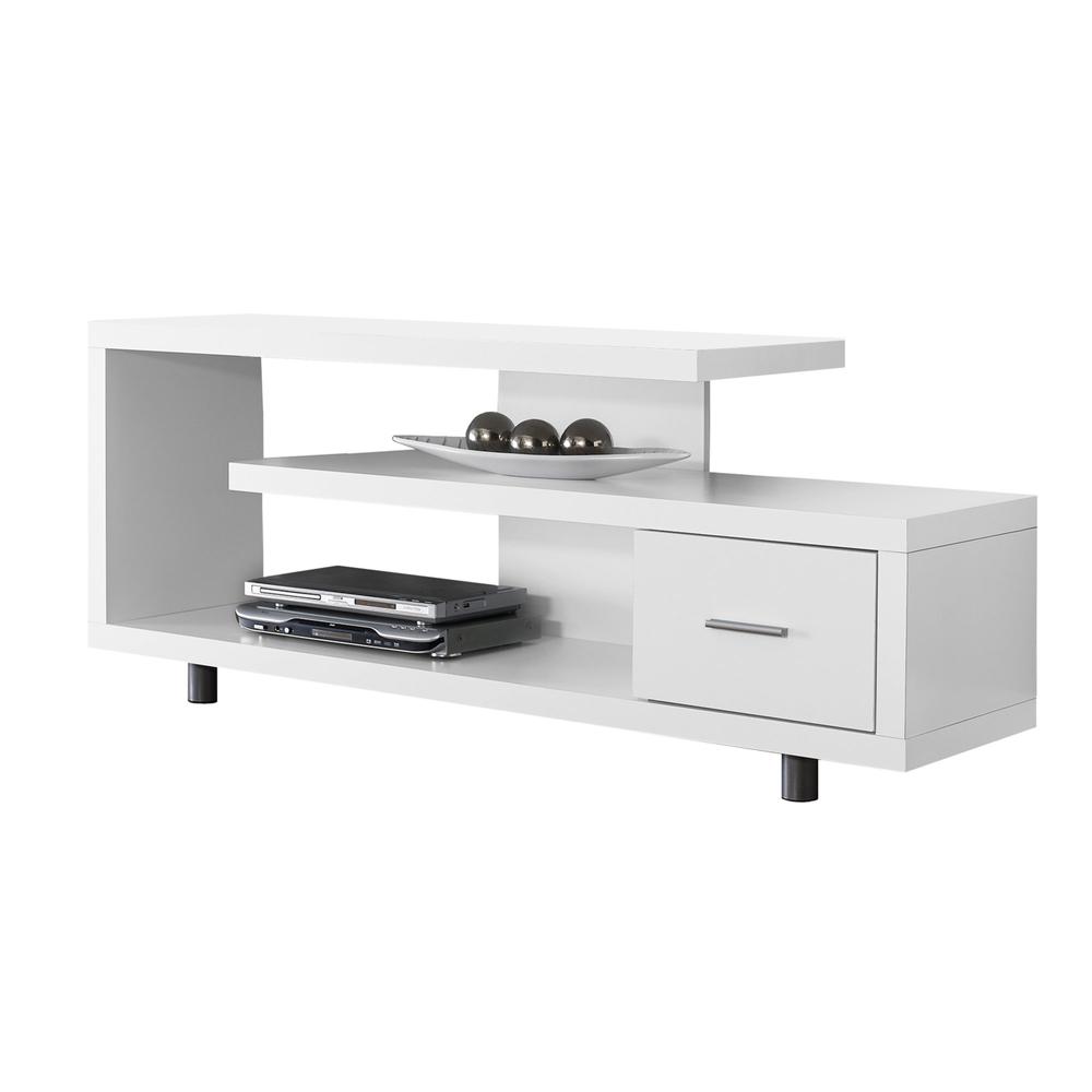 15.75" x 60" x 24" White Silver Particle Board Hollow Core Metal TV Stand with a Drawer - 332883. Picture 1