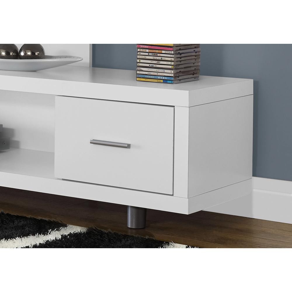 15.75" x 60" x 24" White Silver Particle Board Hollow Core Metal TV Stand with a Drawer - 332883. Picture 2