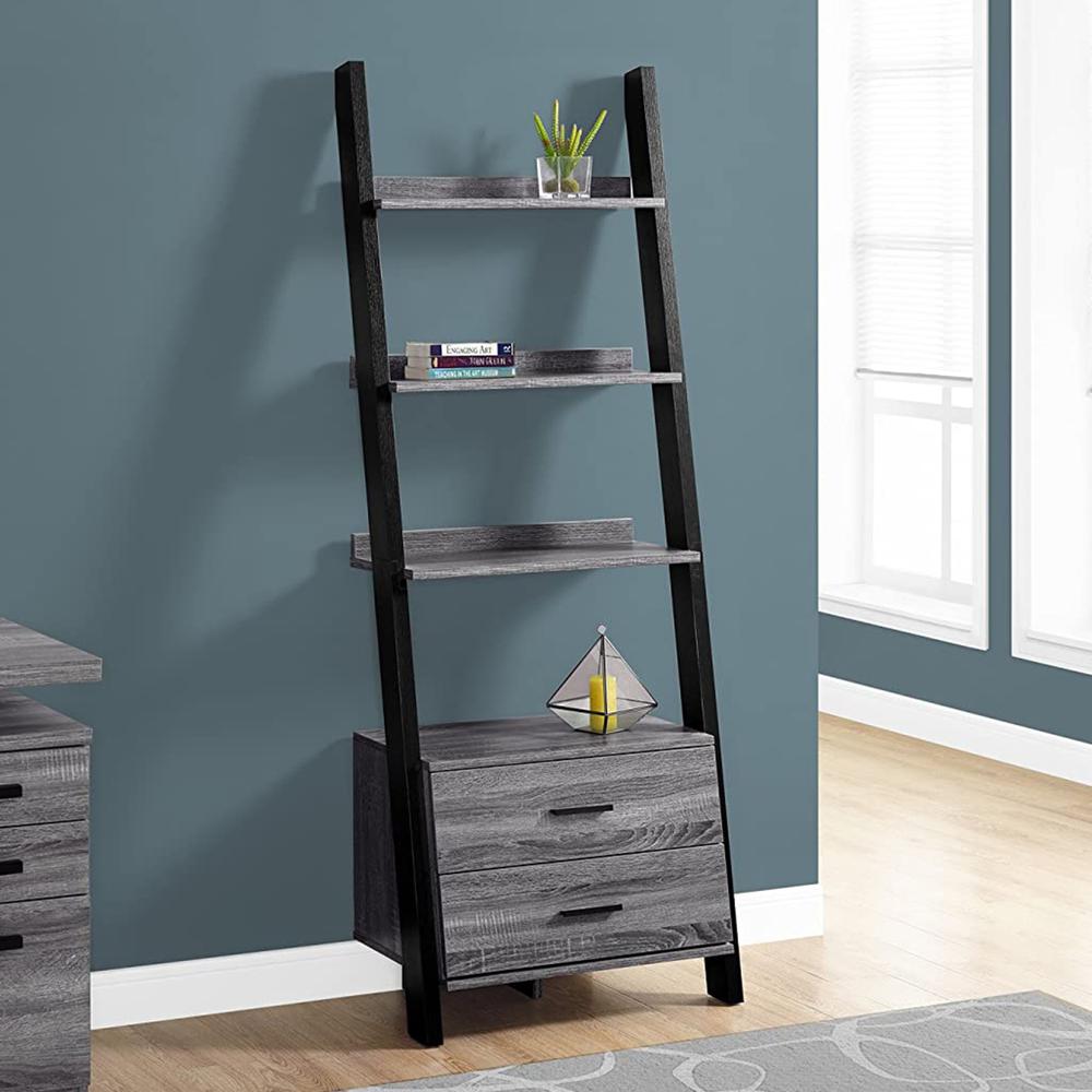 16.75" x 25.5" x 69" Grey Black Particle Board Hollow Core  Bookcase with 2 Storage Drawers. Picture 5