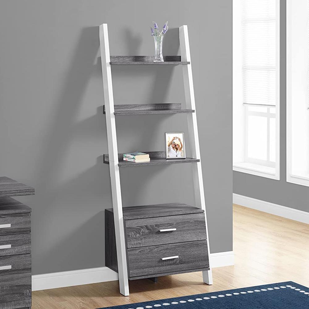 16.75" x 25.5" x 69" Grey White Particle Board Hollow Core  Bookcase with 2 Storage Drawers. Picture 5