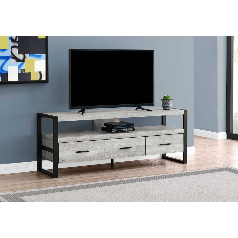 21.75" Grey Particle Board Hollow Core & Black Metal TV Stand with 3 Drawers - 332967. Picture 1