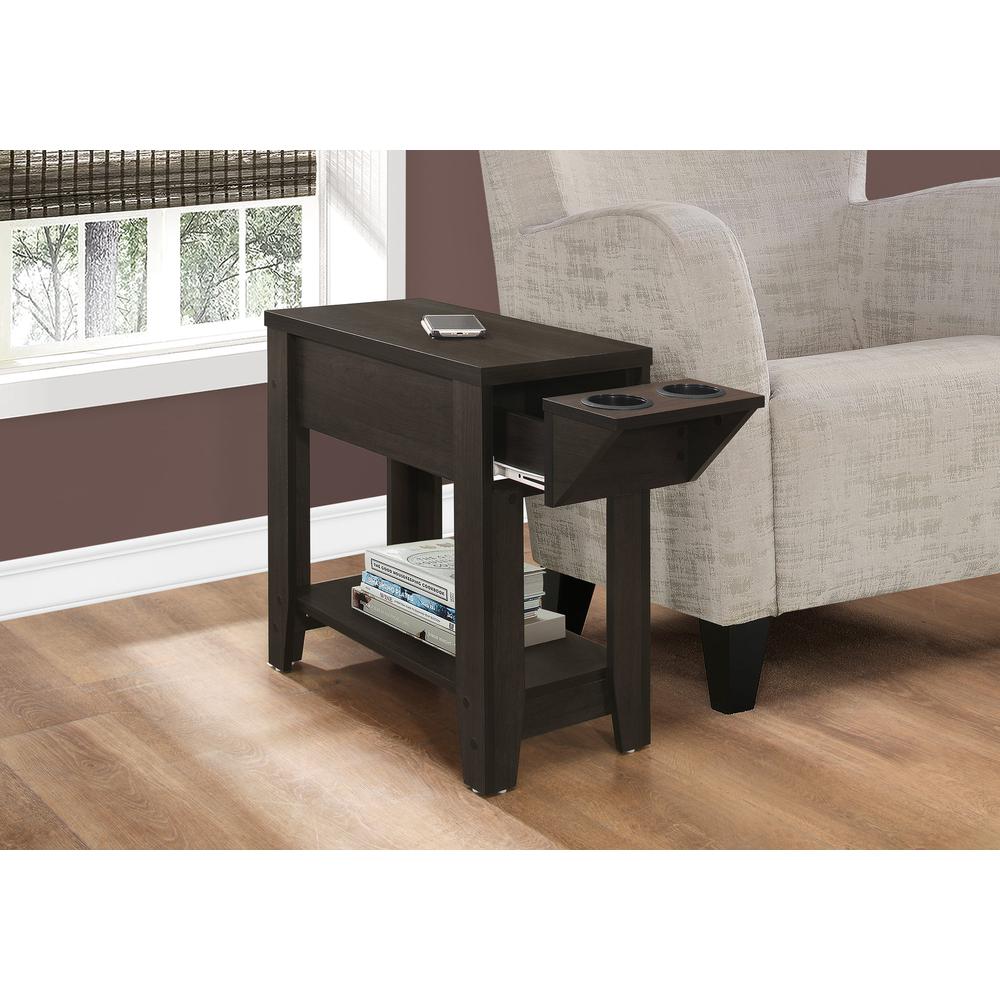 Cappuccino Finish Side  Accent Table with Adjustable Cup Holder Drawer and Bottom Shelf - 333085. Picture 2
