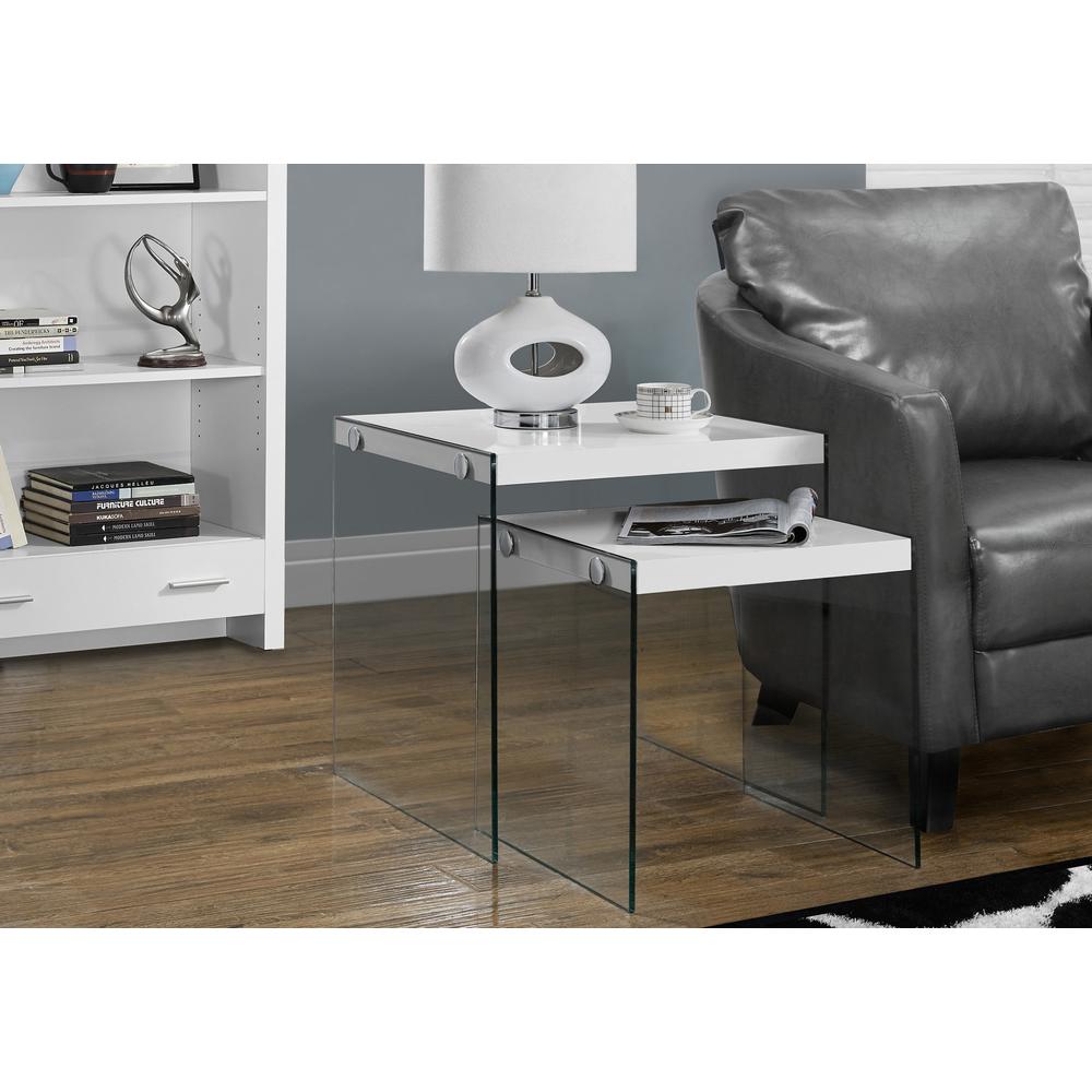 35.5" Glossy White Particle Board and Clear Glass Two Pieces Nesting Table Set - 333147. Picture 1