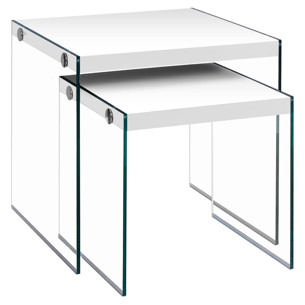 35.5" Glossy White Particle Board and Clear Glass Two Pieces Nesting Table Set - 333147. Picture 2