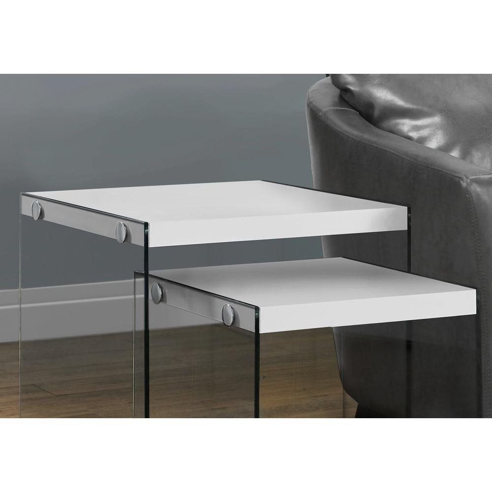 35.5" Glossy White Particle Board and Clear Glass Two Pieces Nesting Table Set - 333147. Picture 3