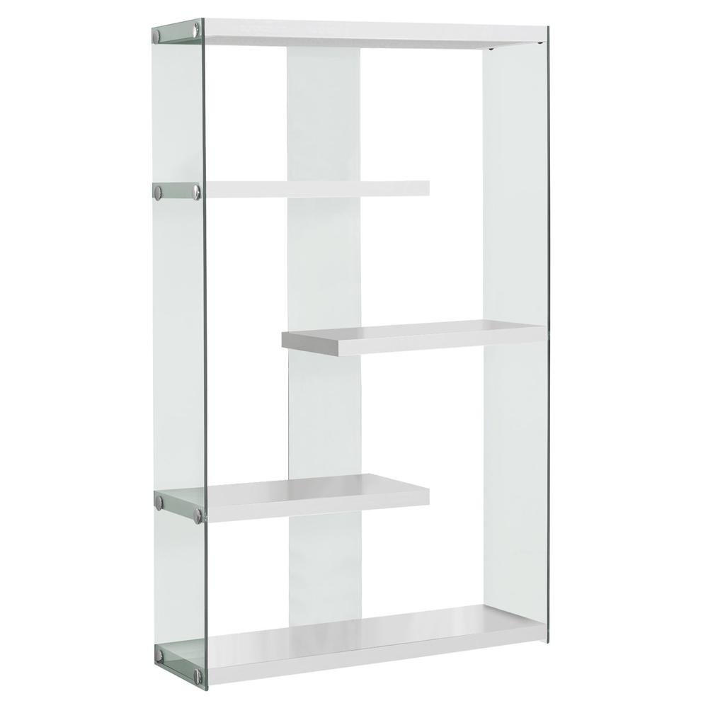 12" x 36" x 58.75" White Clear Particle Board Tempered Glass  Bookcase. Picture 1