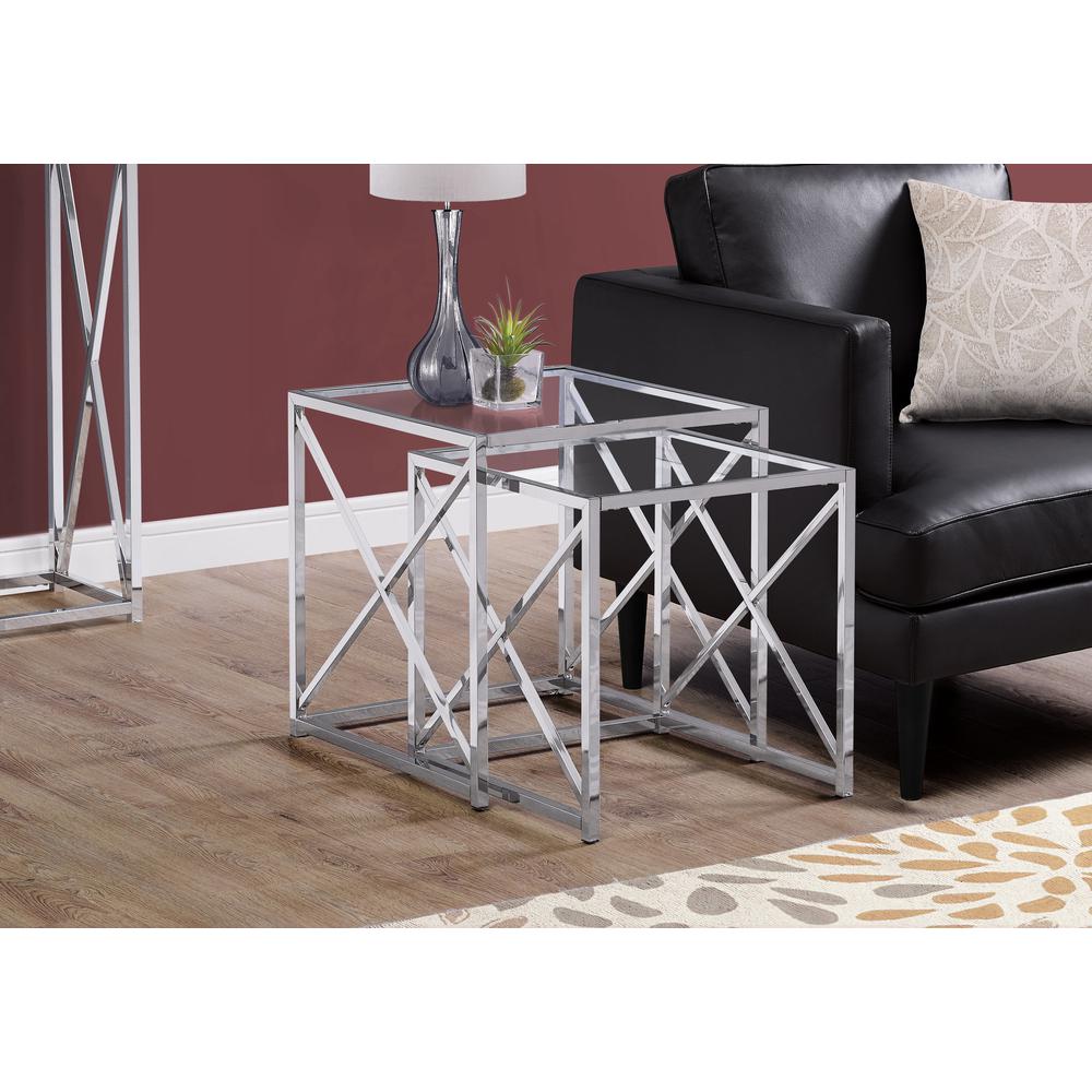 38" Chrome Metal and Tempered Glass Two Pieces Nesting Table Set - 333198. Picture 1