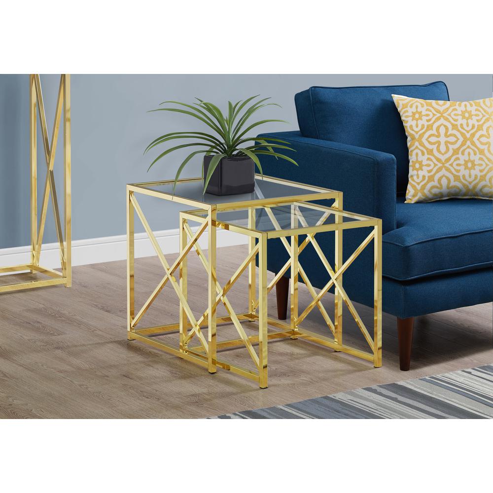 38" Gold Metal and Tempered Glass Two Pieces Nesting Table Set - 333201. Picture 1