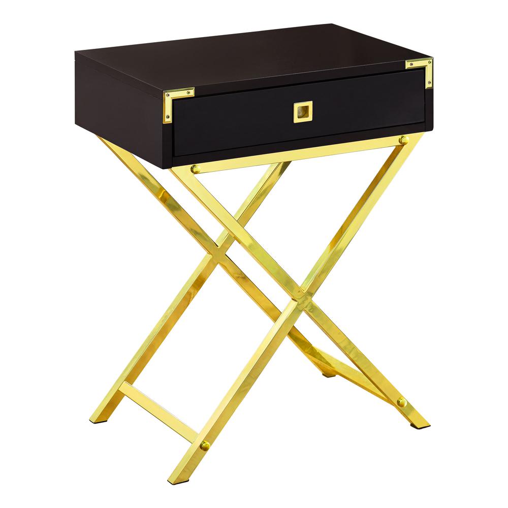 12" x 18.25" x 24" Cappuccino Finish and Gold Metal Accent Table - 333263. Picture 1