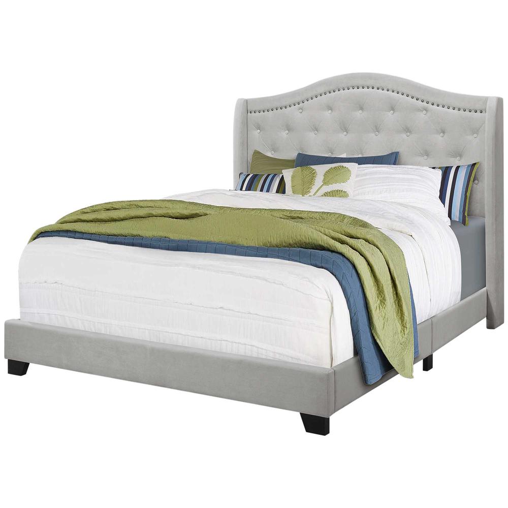 66.5" x 87.5" x 56.5" Light Grey Foam Solid Wood Velvet Queen Size Bed With A Chrome Trim - 333317. Picture 1