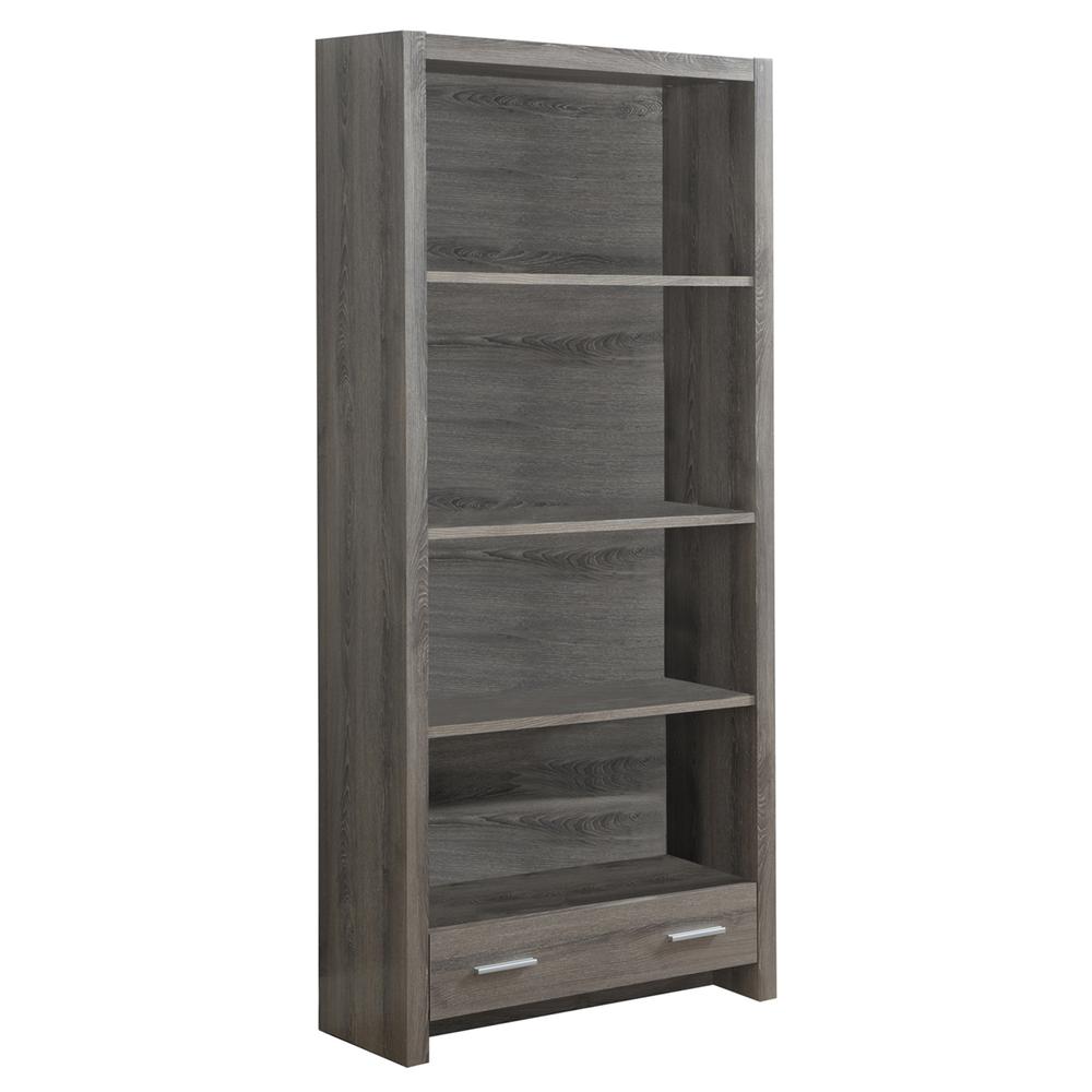 12" x 31.5" x 71.25" Dark Taupe Particle Board Hollow Core  Bookcase With A Storage Drawer. Picture 1
