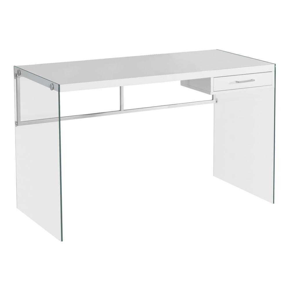 23.75" x 48" x 30" White Clear Particle Board Glass Metal Tempered Glass  Computer Desk. Picture 1