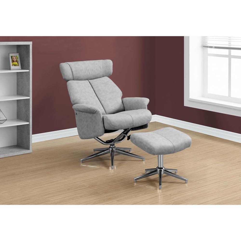 44" x 47" x 59" Grey Finish Foam and Metal Swivel Reclining Chair with Adjustable Headrest. Picture 2