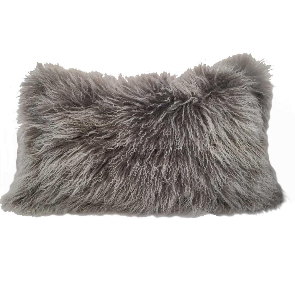 17" Grey Genuine Tibetan Lamb Fur Pillow with Microsuede Backing - 334353. Picture 1