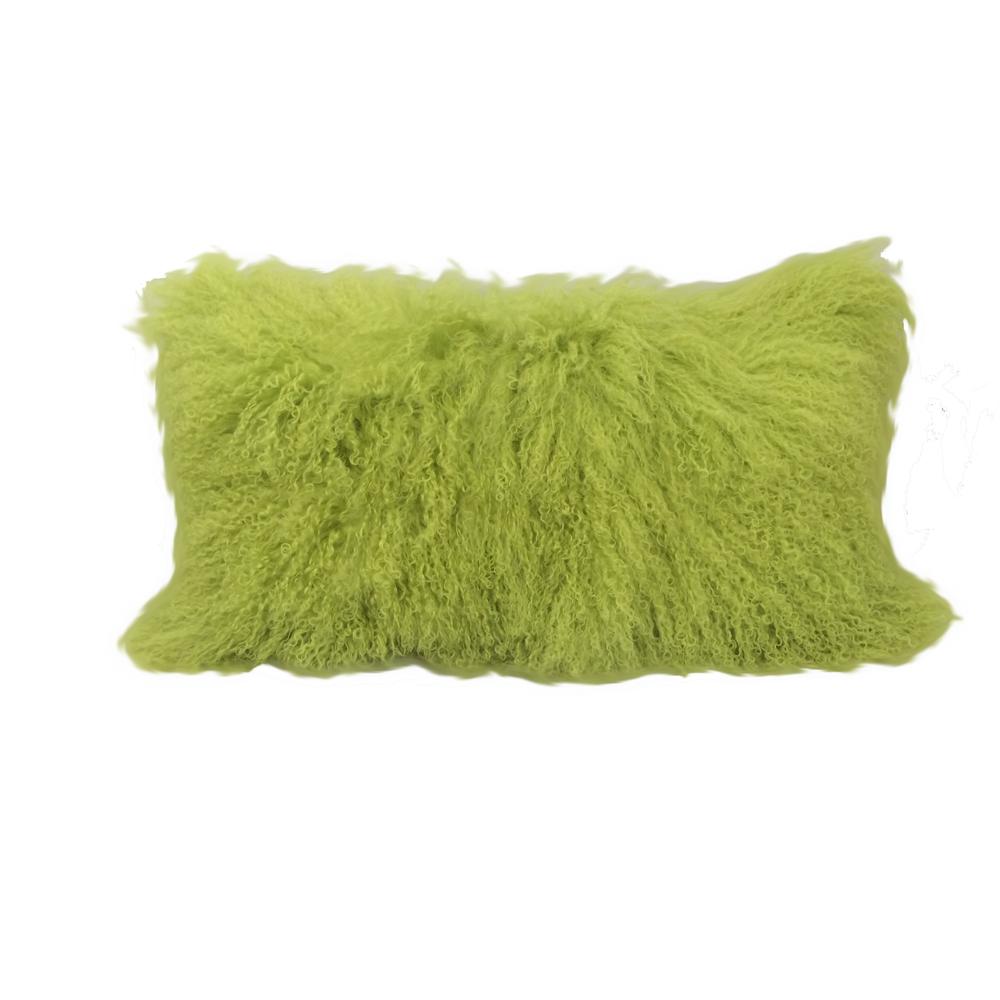 17" Lime Green Genuine Tibetan Lamb Fur Pillow with Microsuede Backing - 334360. Picture 1