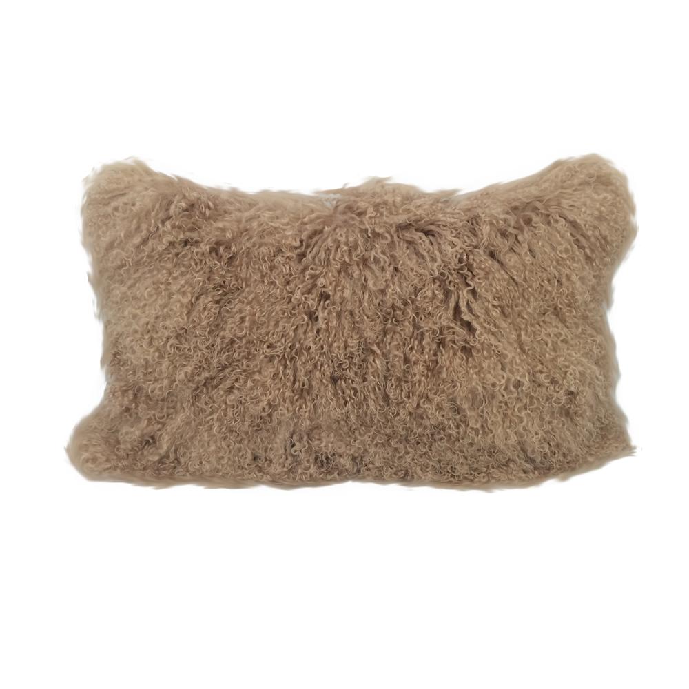17" Beige Genuine Tibetan Lamb Fur Pillow with Microsuede Backing - 334362. Picture 1