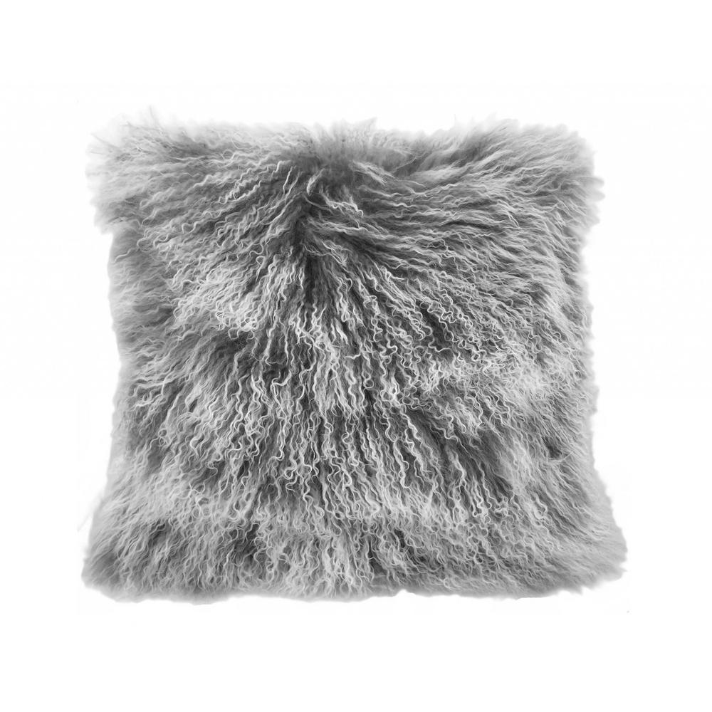 20" Grey Genuine Tibetan Lamb Fur Pillow with Microsuede Backing - 334366. Picture 1