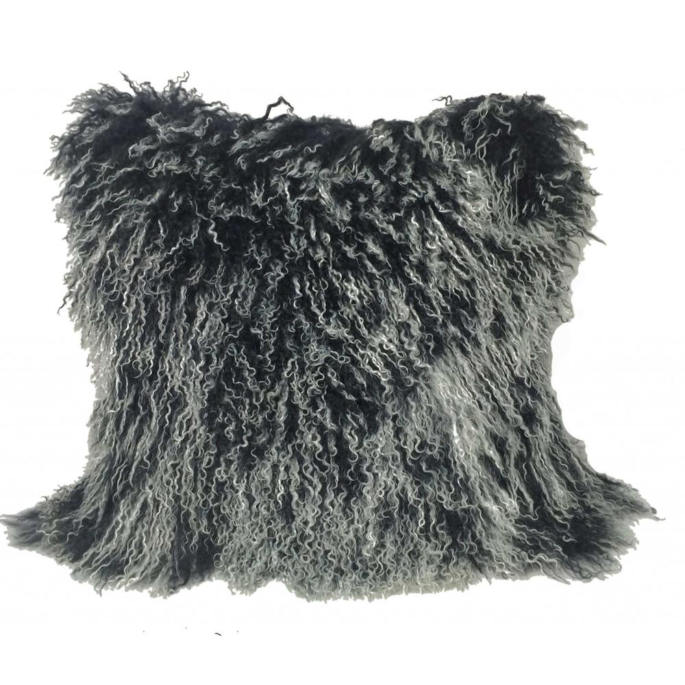 20" Black White Genuine Tibetan Lamb Fur Pillow with Microsuede Backing - 334369. Picture 1