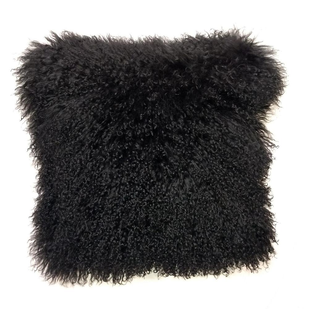 20" Black Genuine Tibetan Lamb Fur Pillow with Microsuede Backing - 334373. Picture 1