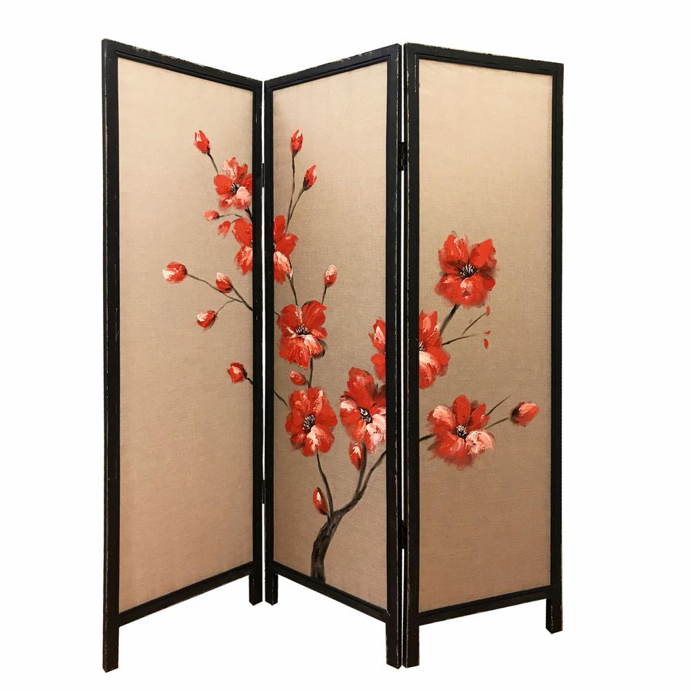 60" x 1" x 63" Brown Fabric And Wood Blooming  3 Panel Screen - 342765. Picture 1