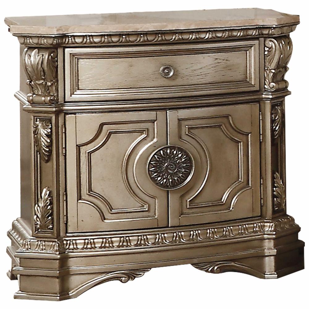 18" X 30" X 29" Antique Champagne Wood Poly Resin Nightstand w/Marble Top - 347125. Picture 1