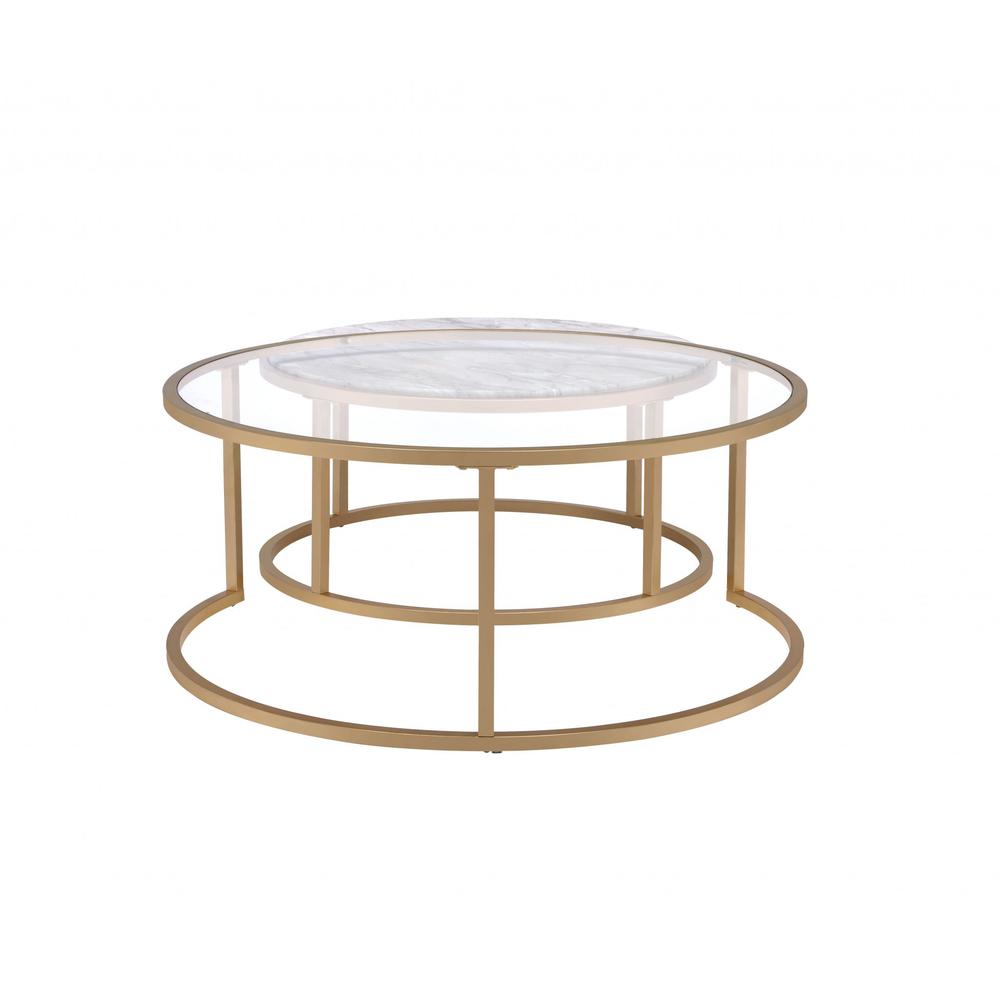 36" X 36" X 16" Faux Marble Gold Metal Engineered Wood 2Pc Pk Nesting Table Set. Picture 2