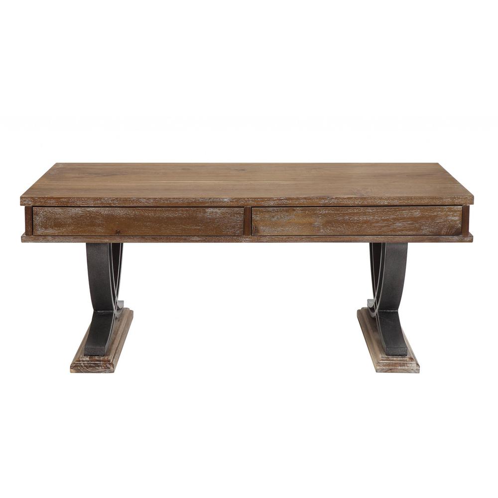 Industrial Style Antiqued Oak Finish Coffee Table with Black Accents. Picture 1