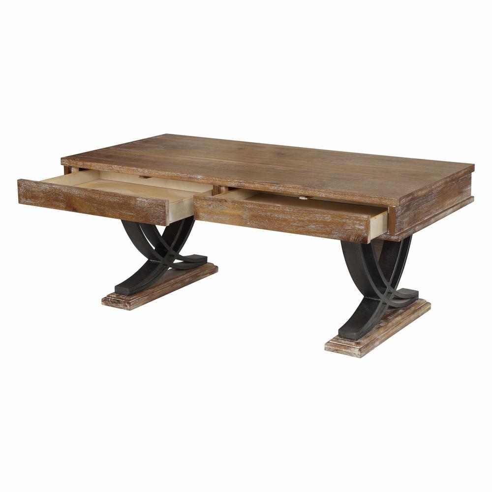 Industrial Style Antiqued Oak Finish Coffee Table with Black Accents. Picture 3