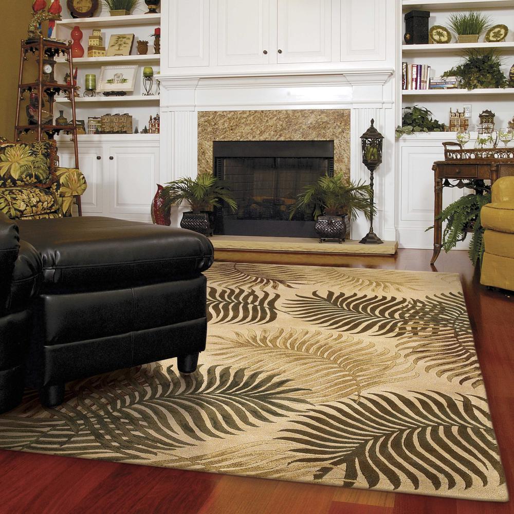 5'x8' Natural Beige Hand Tufted Tropical Leaves Indoor Area Rug - 349816. Picture 2