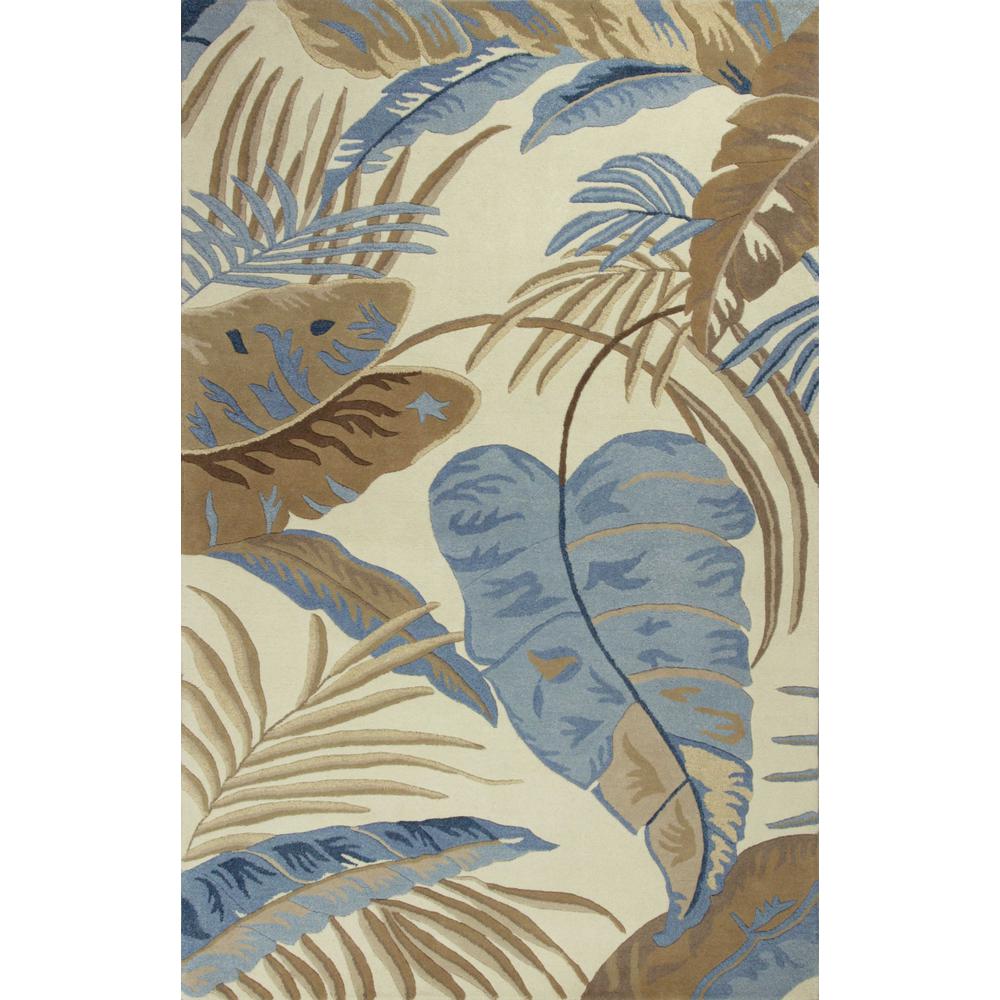 5'x8' Ivory Blue Hand Tufted Tropical Leaves Indoor Area Rug - 349818. Picture 1