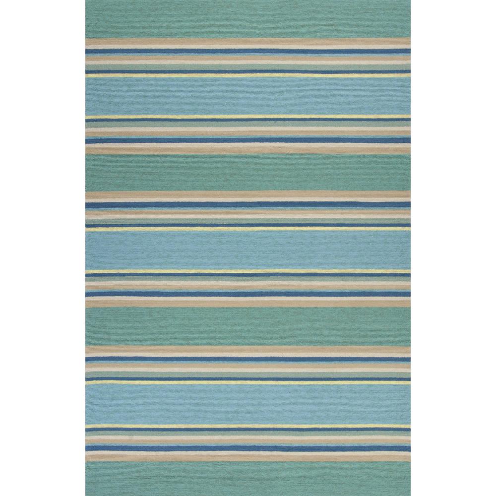8'x10' Ocean Blue Hand Hooked UV Treated Awning Stripes Indoor Outdoor Area Rug - 349926. Picture 1