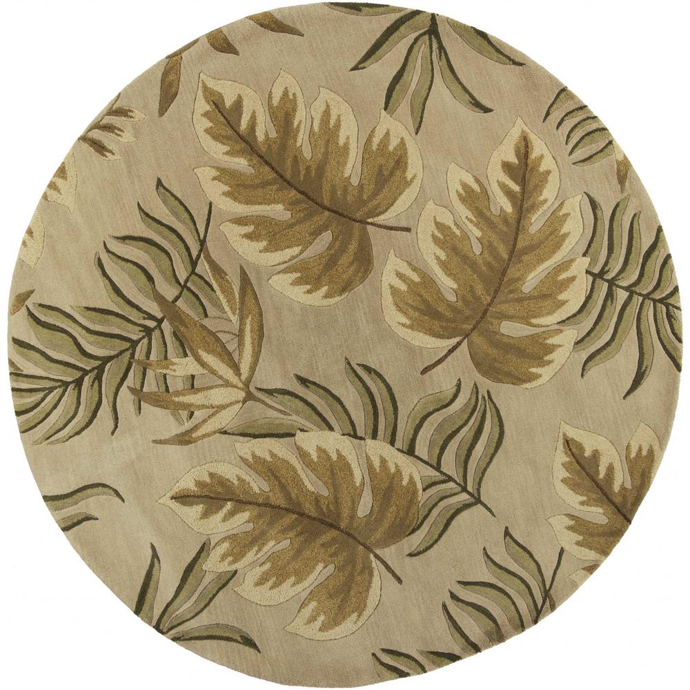 8' Sand Beige Hand Tufted Tropical Leaves Round Indoor Area Rug - 350149. Picture 1