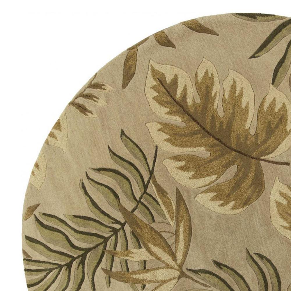 8' Sand Beige Hand Tufted Tropical Leaves Round Indoor Area Rug - 350149. Picture 2