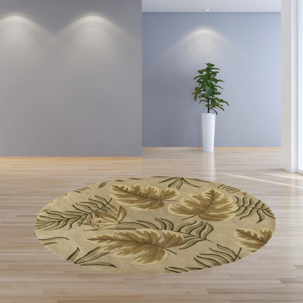 8' Sand Beige Hand Tufted Tropical Leaves Round Indoor Area Rug - 350149. Picture 4
