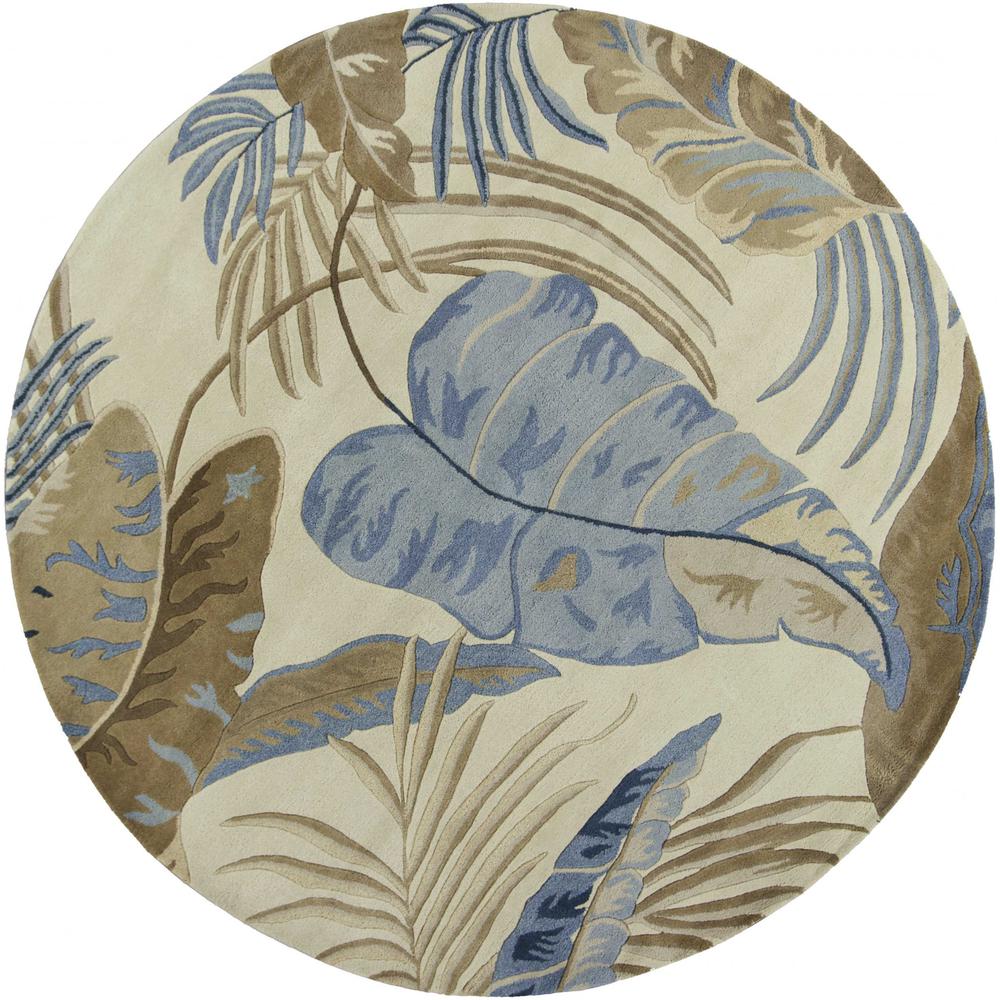 8' Ivory Blue Hand Tufted Tropical Leaves Round Indoor Area Rug - 350155. Picture 1