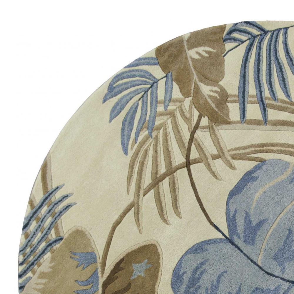 8' Ivory Blue Hand Tufted Tropical Leaves Round Indoor Area Rug - 350155. Picture 2