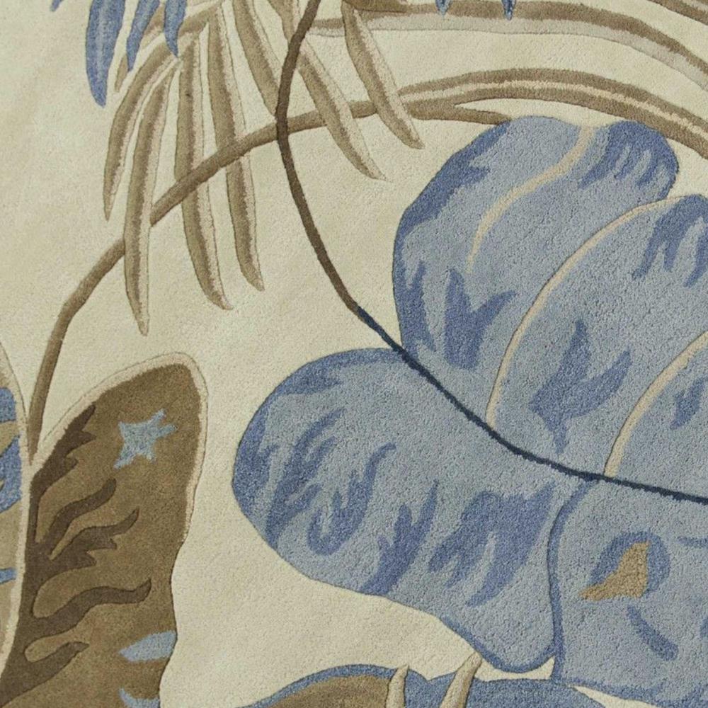 8' Ivory Blue Hand Tufted Tropical Leaves Round Indoor Area Rug - 350155. Picture 3