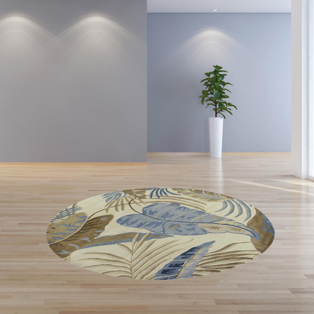 8' Ivory Blue Hand Tufted Tropical Leaves Round Indoor Area Rug - 350155. Picture 4