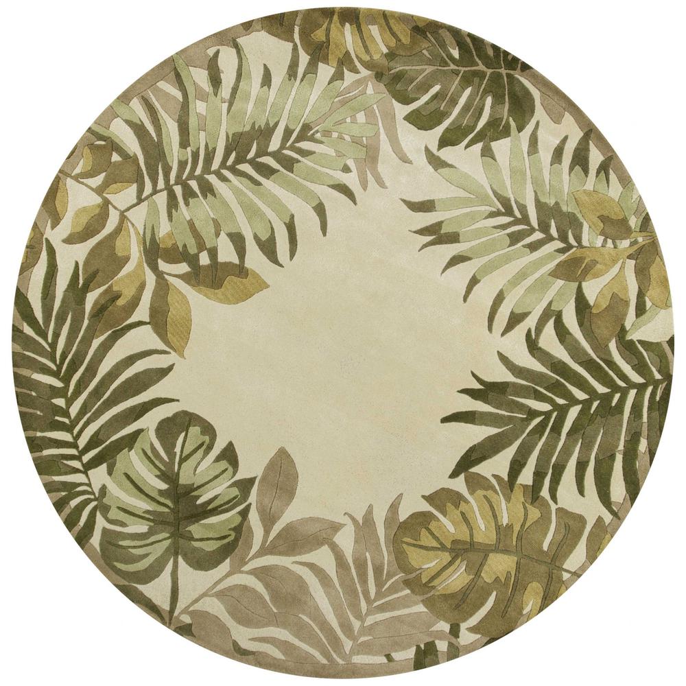 8' Ivory Hand Tufted Bordered Tropical Leaves Round Indoor Area Rug - 350158. Picture 1
