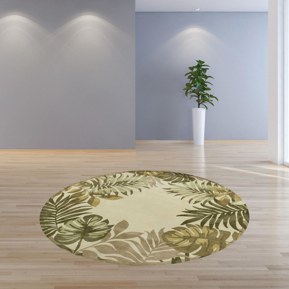 8' Ivory Hand Tufted Bordered Tropical Leaves Round Indoor Area Rug - 350158. Picture 3