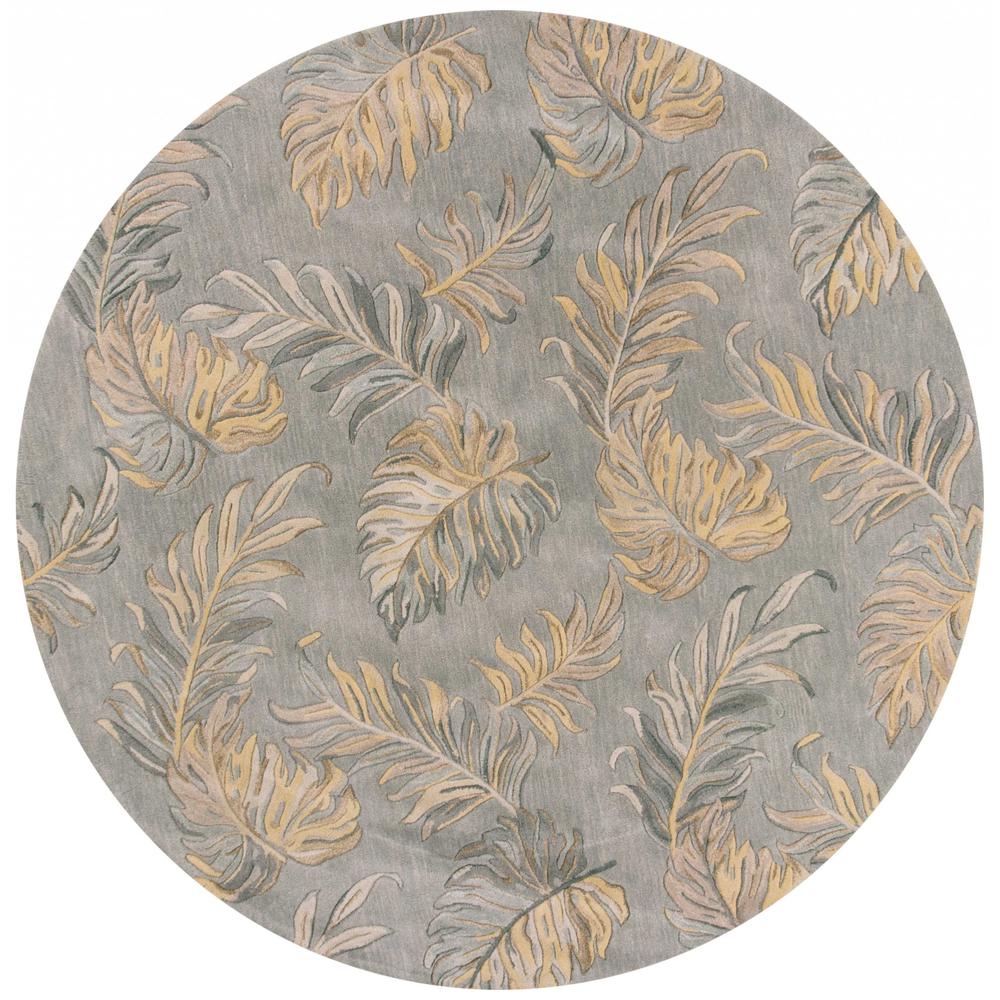 8' Grey Hand Tufted Tropical Palms Round Indoor Area Rug - 350160. Picture 1
