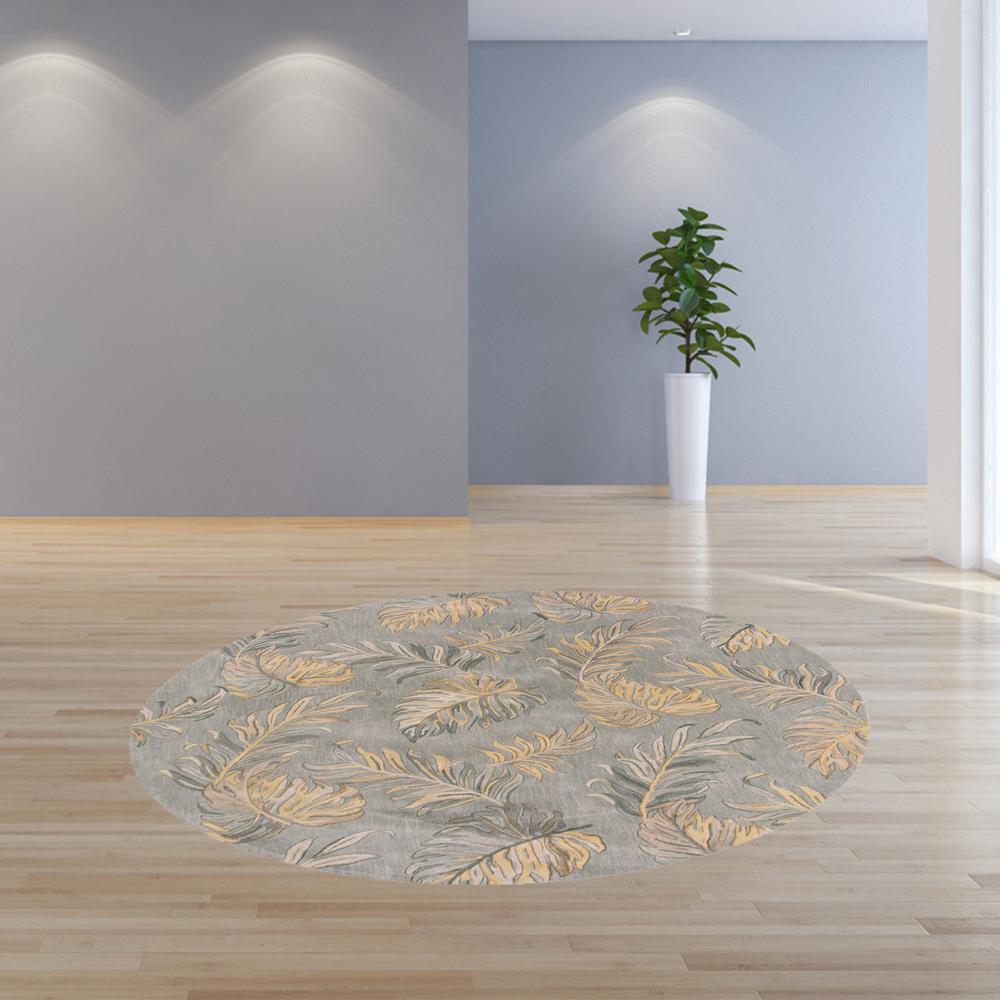 8' Grey Hand Tufted Tropical Palms Round Indoor Area Rug - 350160. Picture 3