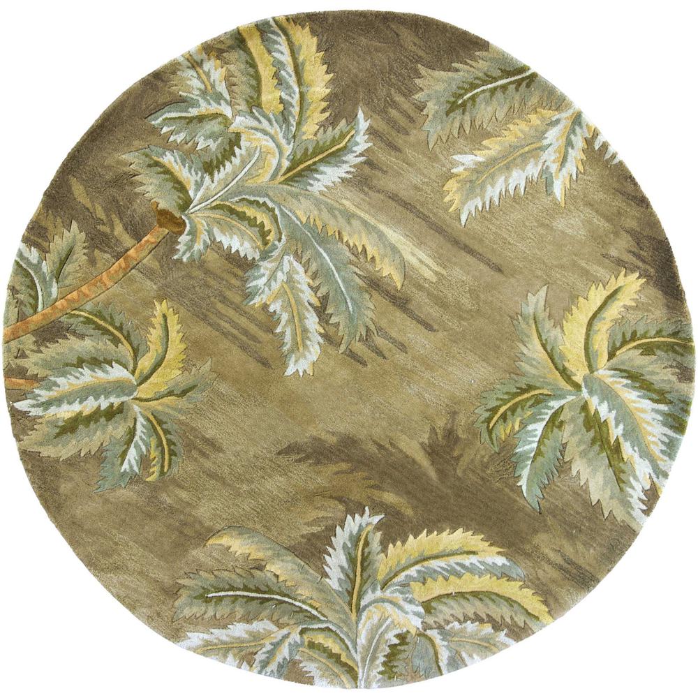 8' Moss Green Hand Tufted Tropical Trees Round Indoor Area Rug - 350205. Picture 1