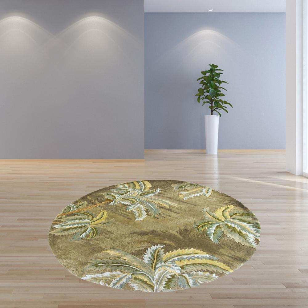 8' Moss Green Hand Tufted Tropical Trees Round Indoor Area Rug - 350205. Picture 3