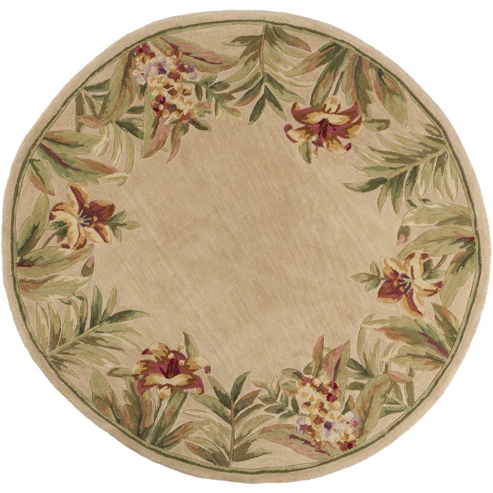 8' Ivory Hand Tufted Bordered Tropical Flowers Round Indoor Area Rug - 350215. Picture 1