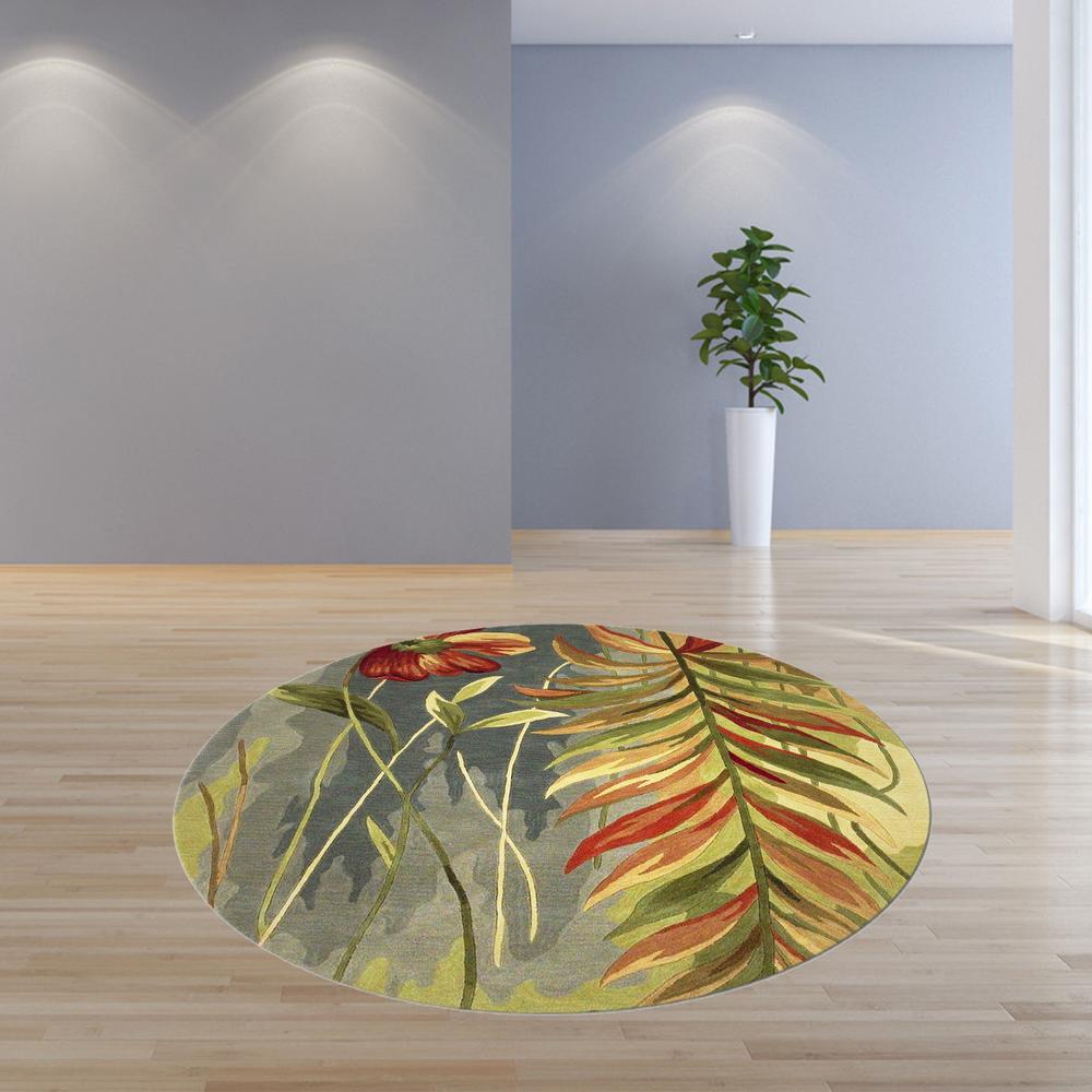8' Blue Green Hand Tufted Tropical Plants Round Indoor Area Rug - 350219. Picture 3