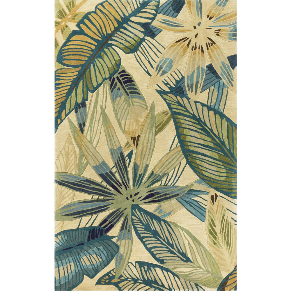 8'x10' Ivory Teal Hand Tufted Tropical Leaves Indoor Area Rug - 350322. Picture 1