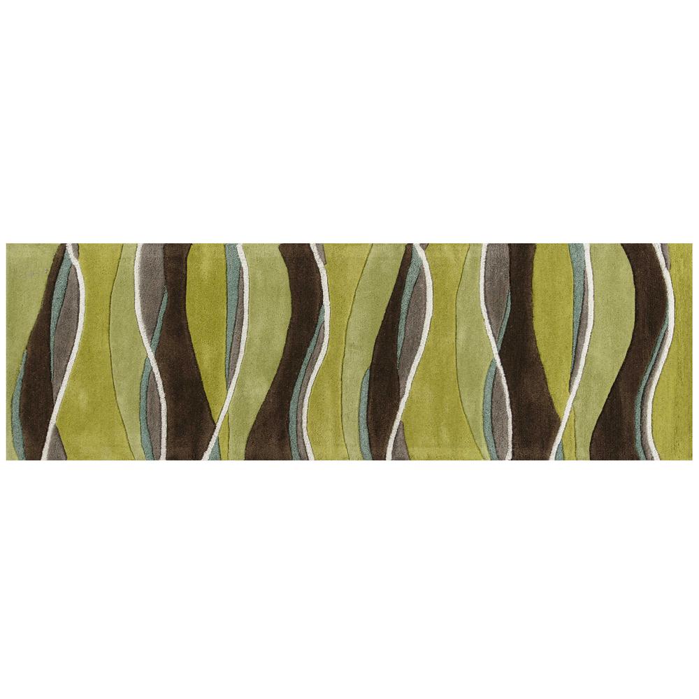 8' Lime Mocha Hand Tufted Abstract Waves Indoor Runner Rug - 352301. Picture 2
