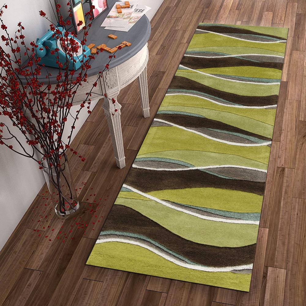 8' Lime Mocha Hand Tufted Abstract Waves Indoor Runner Rug - 352301. Picture 4
